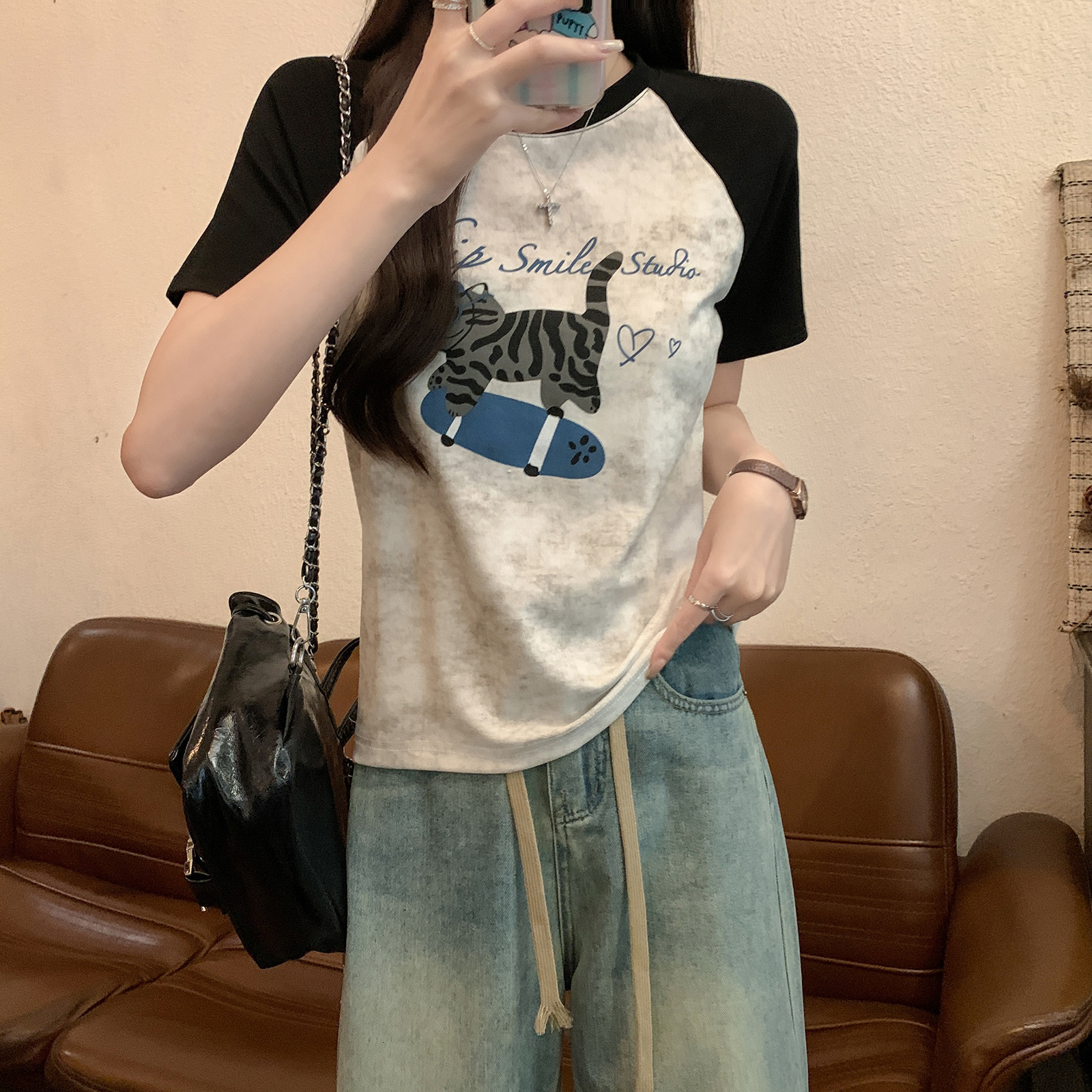 * 1 thread 210g short sleeved T-shirt with summer raglan sleeves, front shoulder slim fit, round neck top, women's clothing