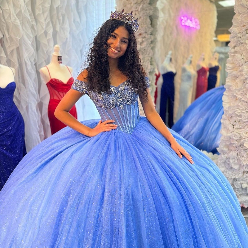 Blue Shiny Princess Quinceanera Dresses Beaded Crystal Tull Ball Gown 16th Birthday Gowns Sweet 16 Vestidos De 15 Anos