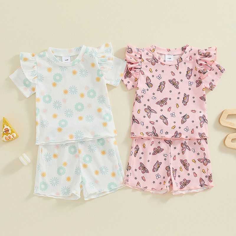 Clothing Sets 2024-05-06 Lioraitiin 0-3Y Little Girls Summer 2PCS Sets Flying Sleeve Floral/Butterfly Print T-shirt Shorts Sets