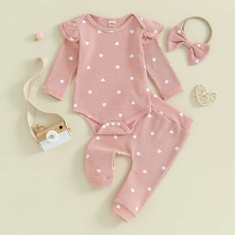 Clothing Sets 2023-09-12 Lioraitiin Infant Baby Girl Clothes Set Waffle Knit Heart Long Sleeve Romper Pants Headband Suit Outfits Fall Clothes