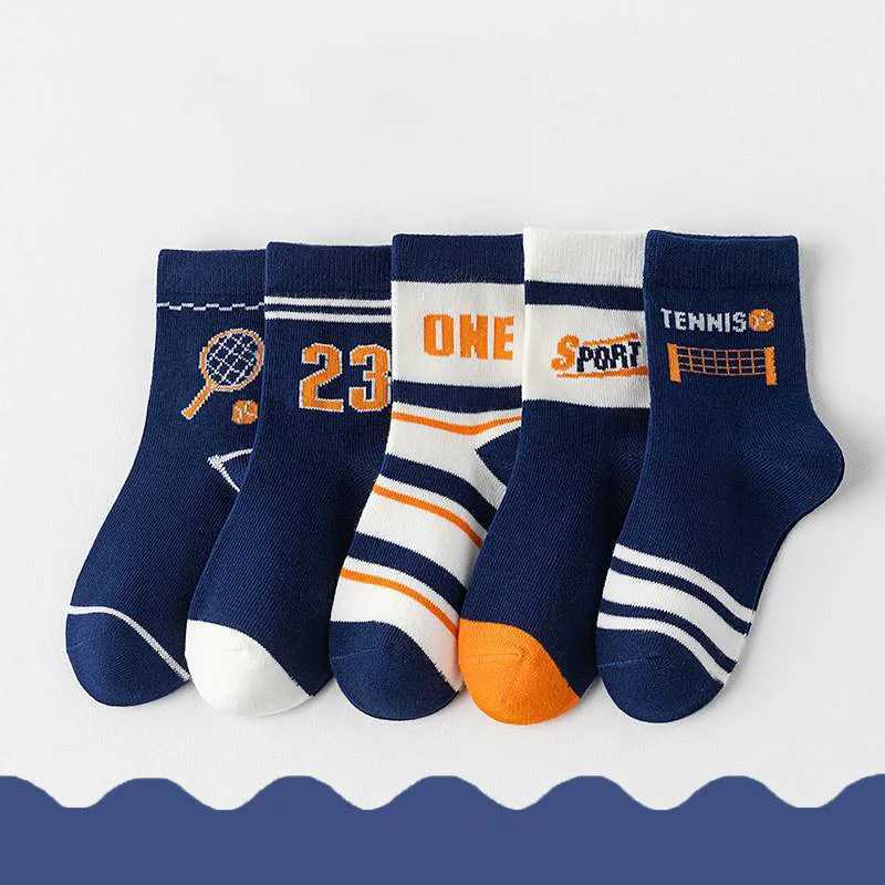 5 pairs of childrens boys tennis series childrens sports school student sports socks spring autumn soft cotton childrens middle tube socksW240715