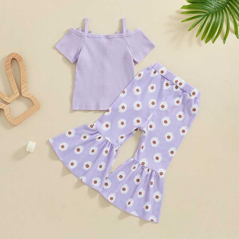 Clothing Sets 2024-05-05 Lioraitiin Kids Girls Pants Set Ribbed Short Sleeve Sling Strap T-shirt with Flower Print Flare Pants Summer Outfit