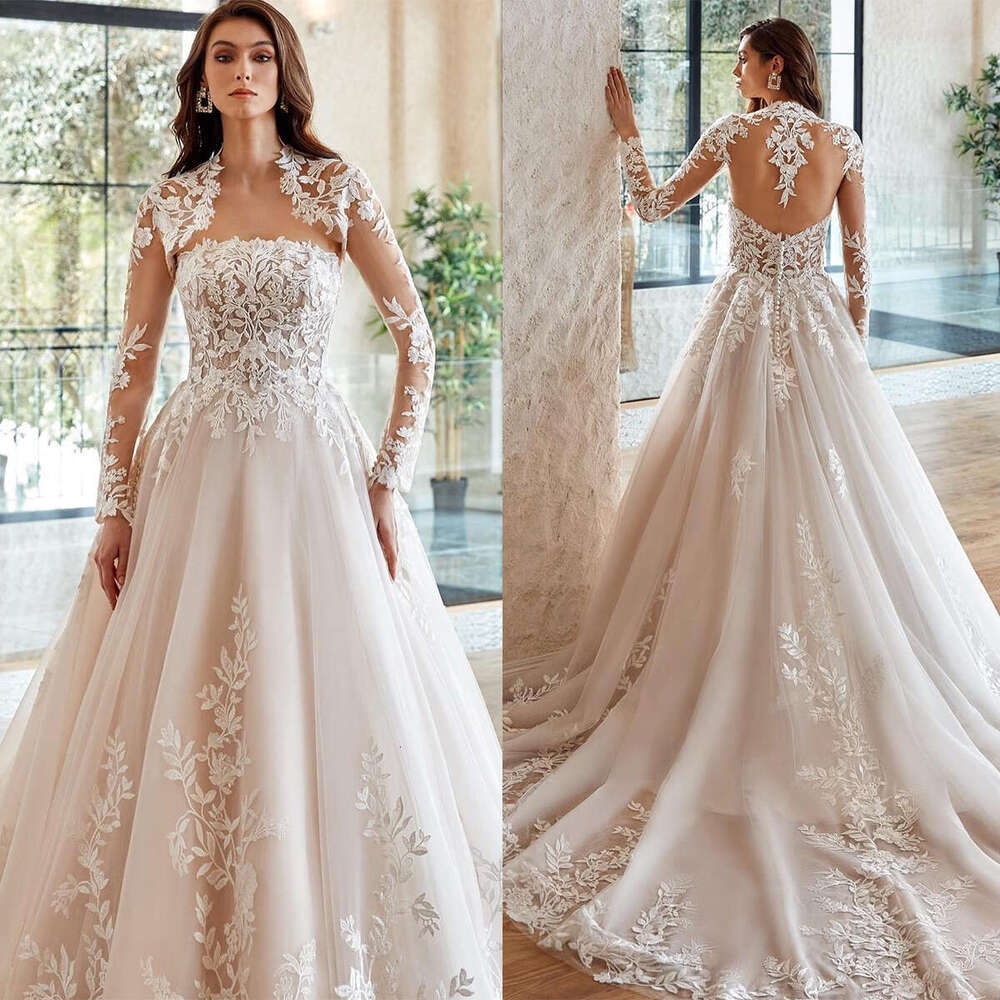 Bohemian special Dresses with Jacket Appliques Lace Sweep Train Custom Made Sexy Sweetheart Long Sleeve A Line Boho Bridal Gowns