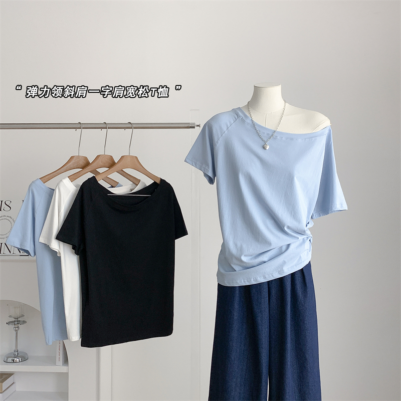 2024 Good morning, Fan Fan. Elastic collar, slanted one shoulder, two loose short sleeved T-shirt, women's summer slimming versatile thin top