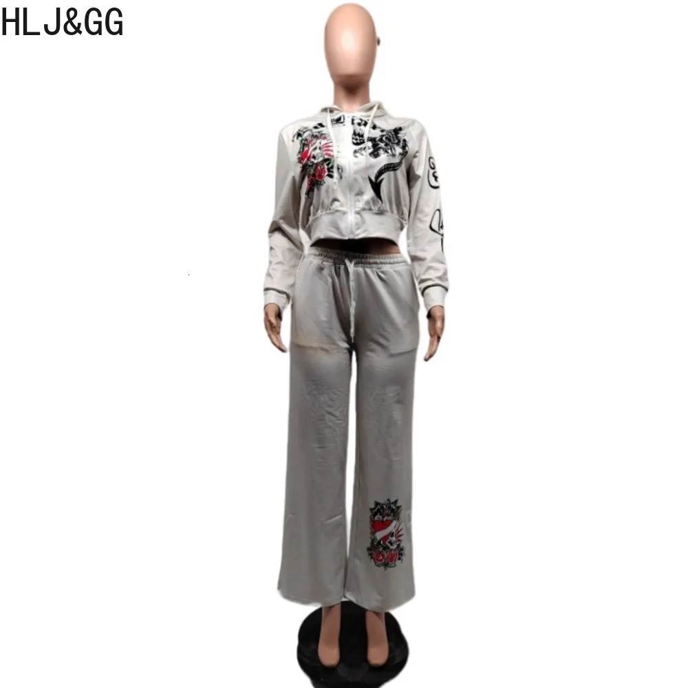 HLJ GG Fashion Streetwear Women Pattern Printing Zipper Long Sleeve Crop Top And Jogger Pants Two Piece Sets Casual 2pcs Outfits 240701