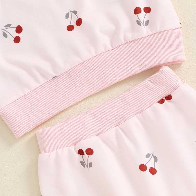 Clothing Sets 2024-05-23 Lioraitiin Baby Girl Fall Outfit Cherry Print Round Neck Long Sleeve Tops Elastic Waist Pants 2 Piece Set