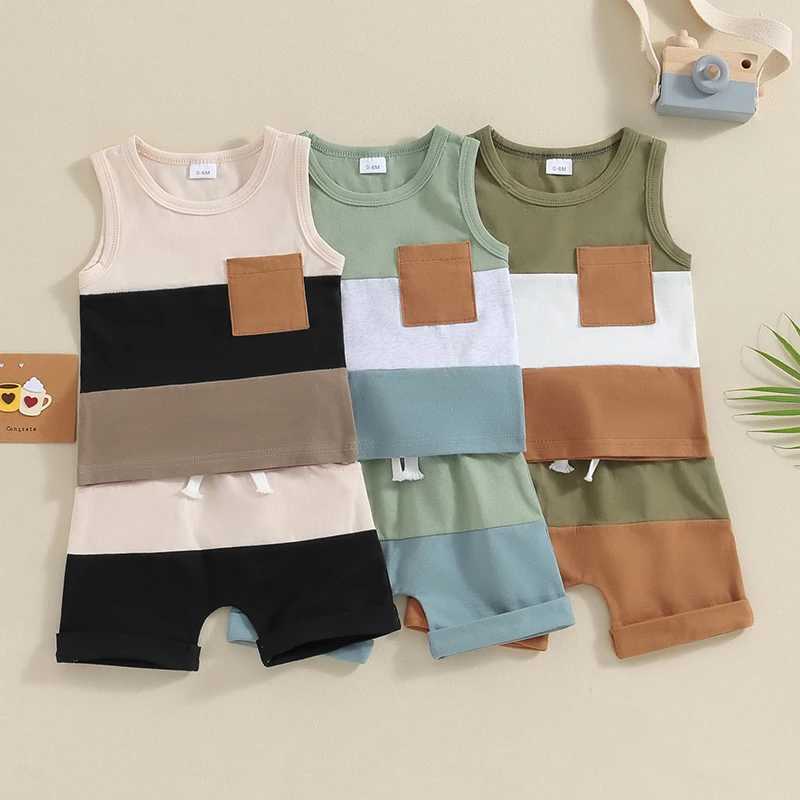 Clothing Sets Toddler Summer Boys Outfits Cotton Sleeveless Contrast Color Pocket Tank Tops + Shorts Clothes For Toddler Casual Clothes Sets O2G0