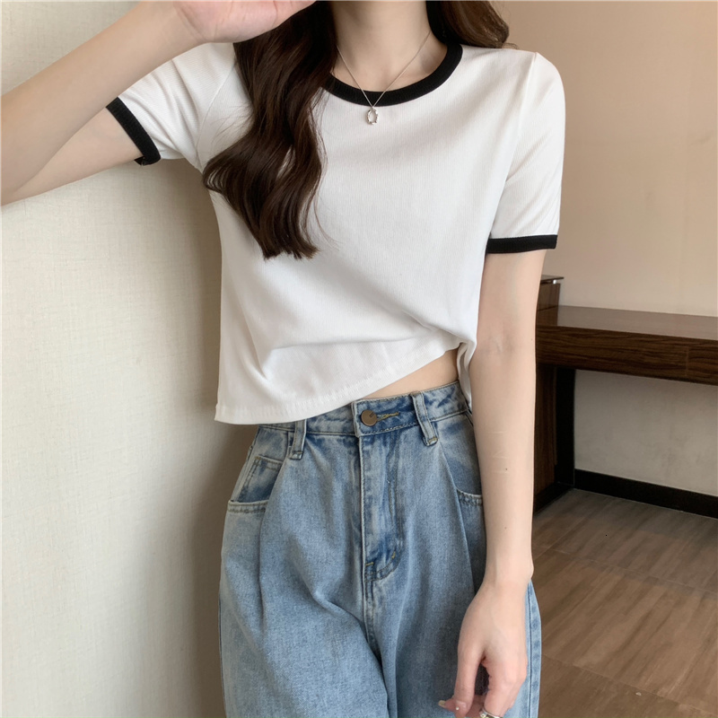Summer new contrasting high waisted short sleeved T-shirt for women