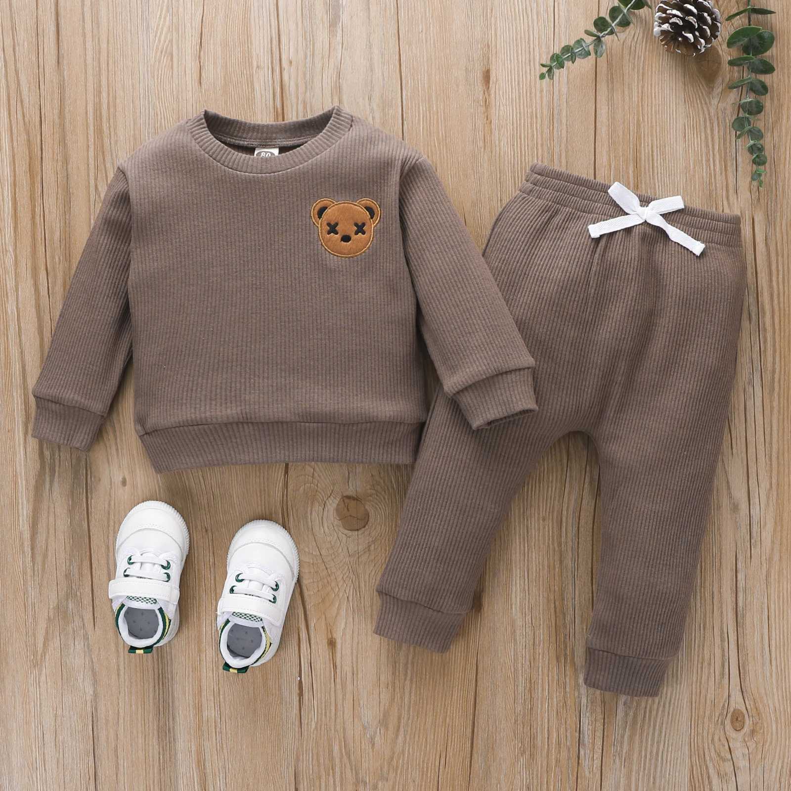 Clothing Sets 2022-06-02 Lioraitiin 0-4Years Little Toddler Boy Round Neck Long Sleeve Embroidered Bear Patch Tops Elastic Waist Long Pant