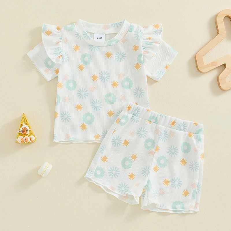 Clothing Sets 2024-05-06 Lioraitiin 0-3Y Little Girls Summer 2PCS Sets Flying Sleeve Floral/Butterfly Print T-shirt Shorts Sets