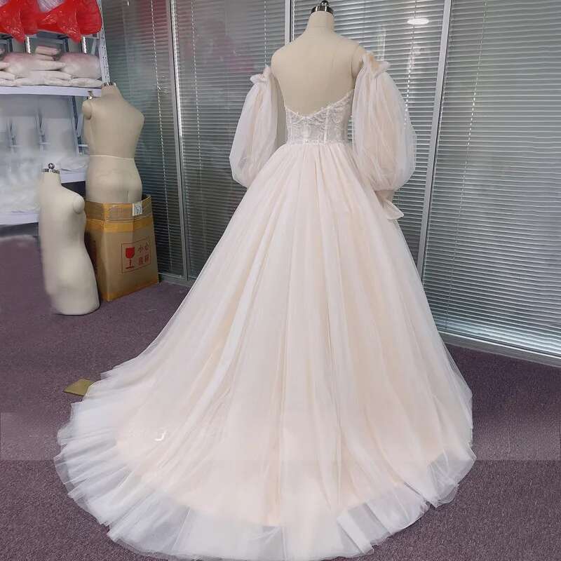 New Ball Gowns Detachable Puff Sleeves Glitter Wedding Dress Appliques Off Shoulder Tulle Boho Bridal Gown