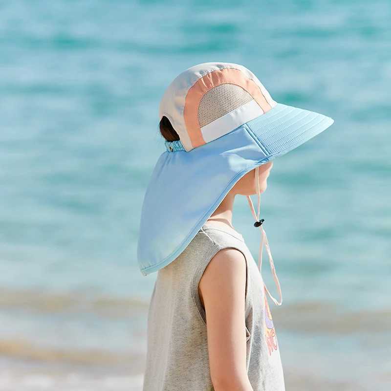 Summer baby sun hat with neck flaps UV protection strap wide brown beach hat childrens bucket hat boys and girls outdoorW240715
