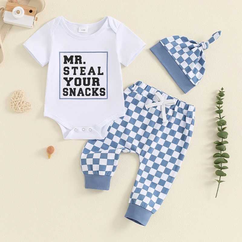 Clothing Sets 2024-04-25 Lioraitiin Baby Boys 3PCS Outfit Sets Short Sleeve Letter Print Romper Checkerboard Print Pants Hat Sets