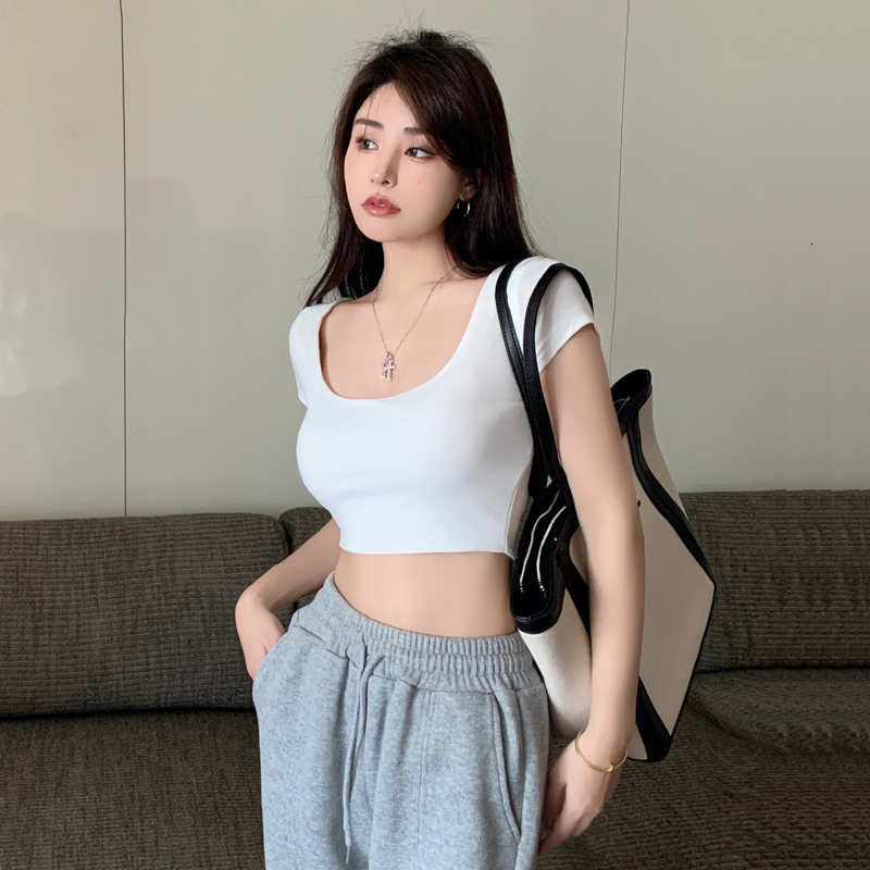 Spring and summer new sleeved tight fitting slimming square neck T-shirt Korean version short cut exposed navel solid color versatile top women's