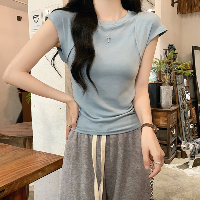 Design sense niche slim fit round neck sleeved T-shirt for women 2024 summer new small short base top