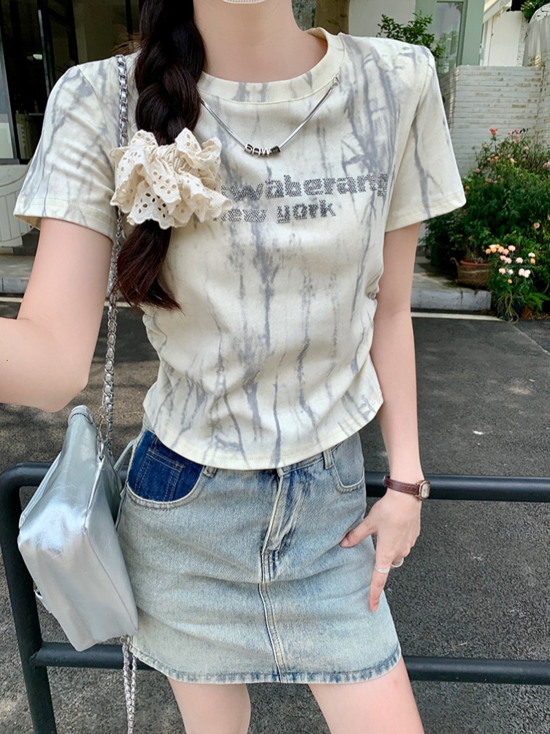 210g threaded short sleeved T-shirt with summer print, front shoulder slim fit, round neck top, Korean version, women's clothing