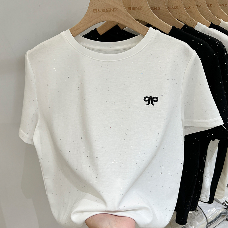 Designer's fashionable white rhinestone bow women's T-shirt pure cotton shoulder short sleeved women's summer loose T-shirt, P55
