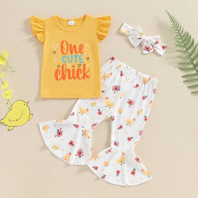 Clothing Sets 2024-04-06 Lioraitiin Baby Girl 2Pcs Summer Outfits Fly Sleeve Tops + Chicken Print Flare Pants Set Toddler Casual Clothes