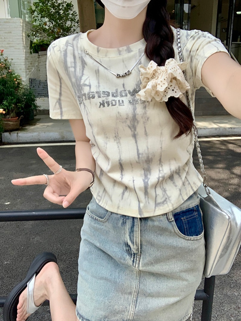 210g threaded short sleeved T-shirt with summer print, front shoulder slim fit, round neck top, Korean version, women's clothing