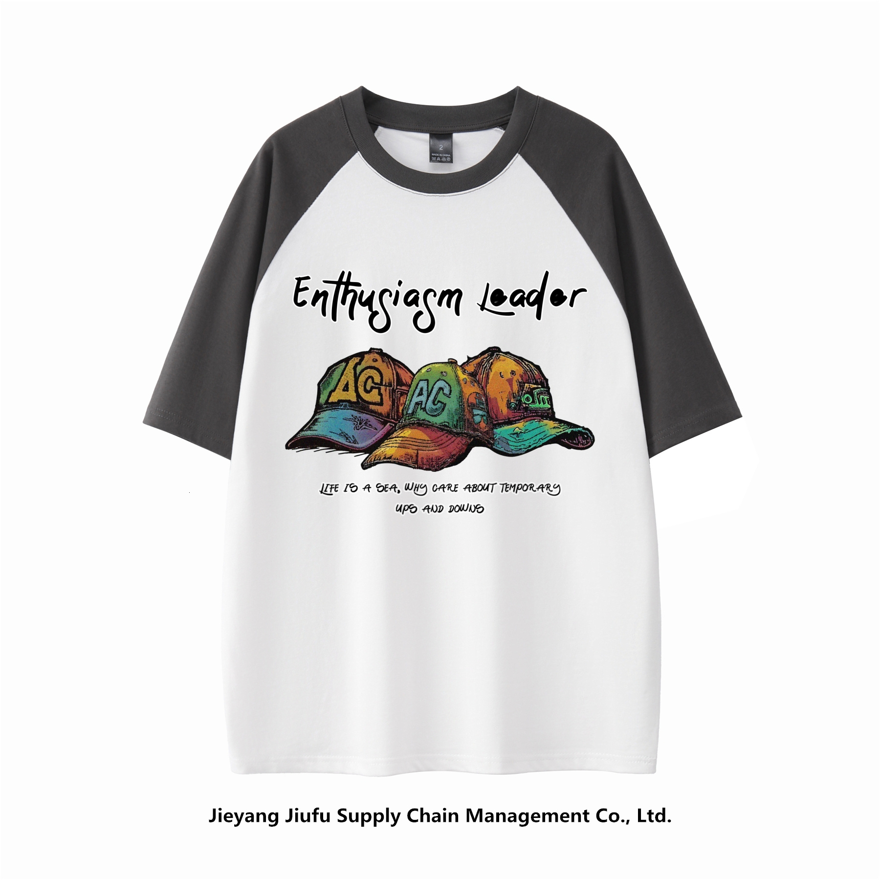 260g Double Yarn American Trendy Brand Printed Shoulder Sleeve Color blocked Short sleeved T-shirt for Men 5730-P40 Women