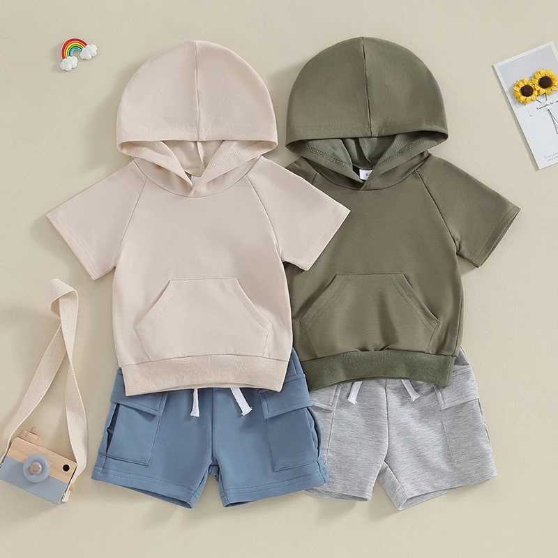 Clothing Sets Toddler Boys Summer Outfits Solid Color Hooded Short Sleeve T-Shirts Tops and Pockets Elastic Waist Shorts 2Pcs Clothes Set W2DY
