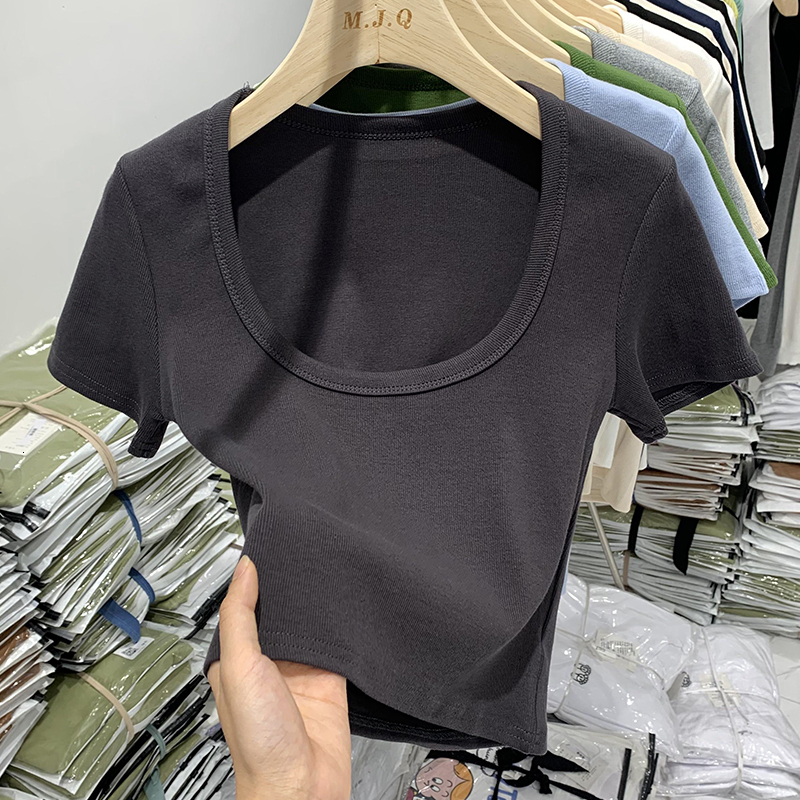 Pure desire spicy girl sexy U-neck collarbone exposed navel chic top tight elastic short sleeved T-shirt for women summer