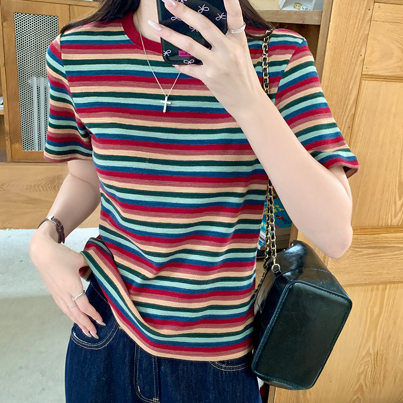 #Colorful striped American style shoulder short half sleeved T-shirt for women in summer, loose top