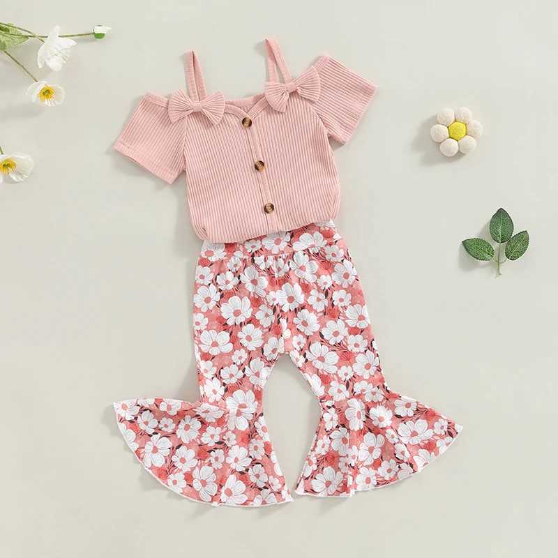 Clothing Sets 2024-05-05 Lioraitiin 1-5Y Kids Girls Pants Set Short Sleeve T-shirt with Flower Print Flare Pants Summer Outfit