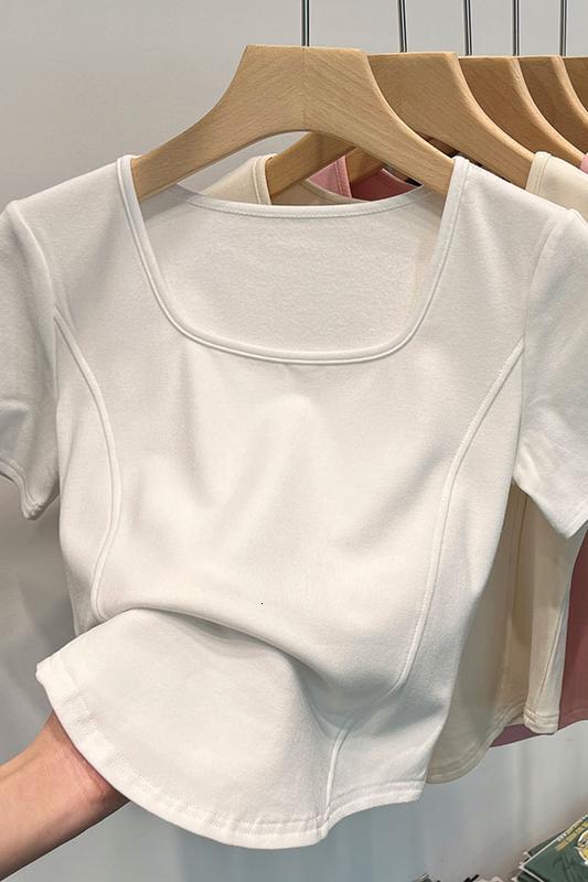 Square neck sleeved t-shirt for women in summer with a niche design, slim fit and pure desire, short fishbone top