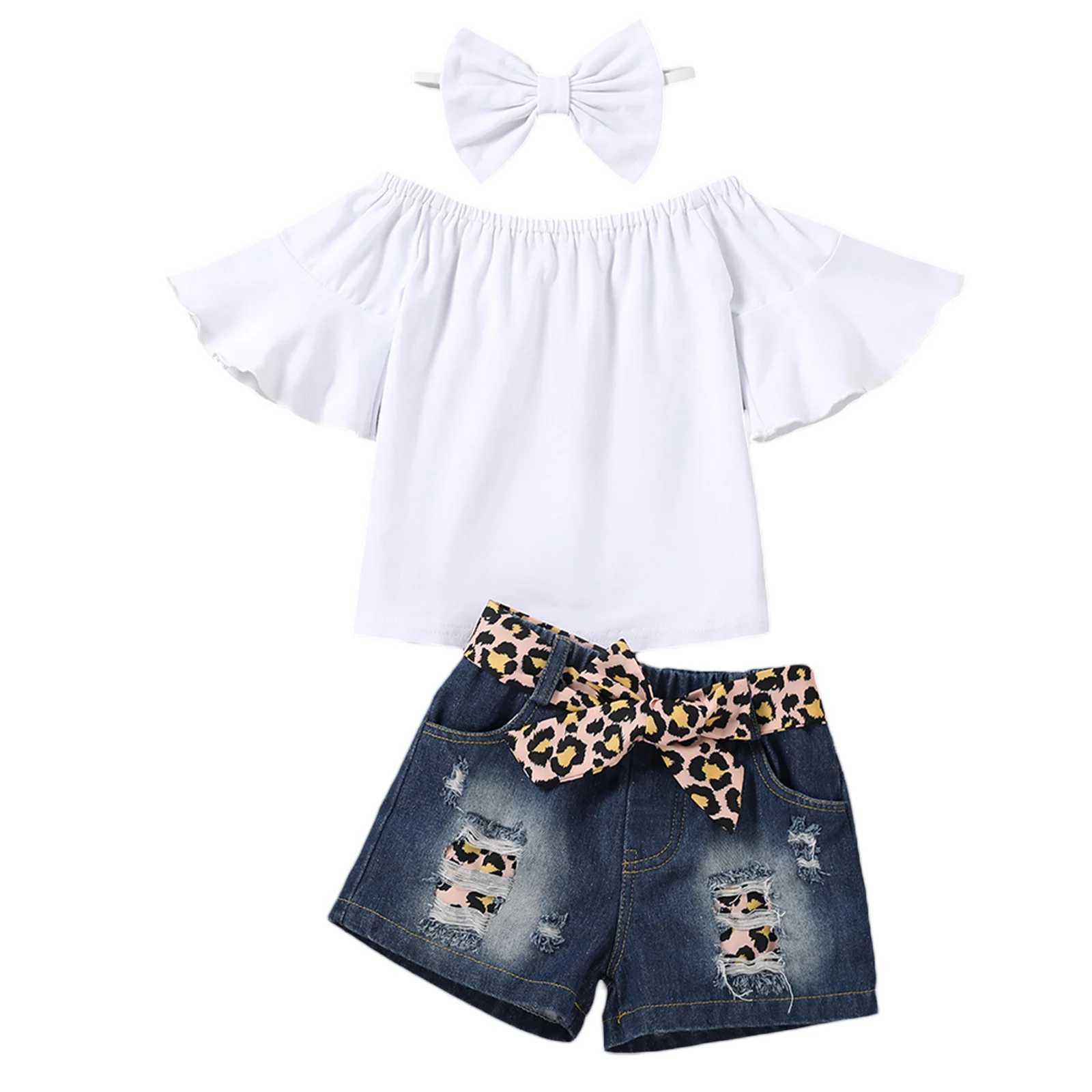 Clothing Sets 2022-02-12 Lioraitiin 0-5Years Toddler Little Girls 3PCS Suit Off-Shoulder Short Flared Sleeve Tops Leopard Belt Denim Pants