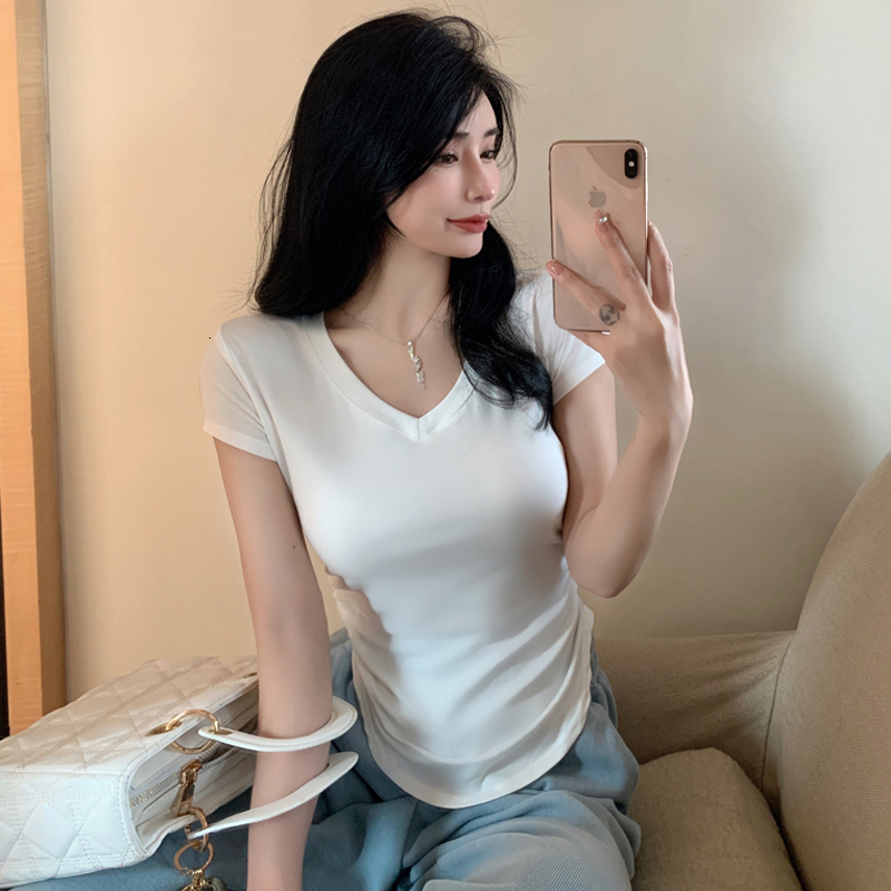 JoyingFeng style Fengshen V-neck sleeved T-shirt for women's summer thin design, pure desire to pair with slim fit short top