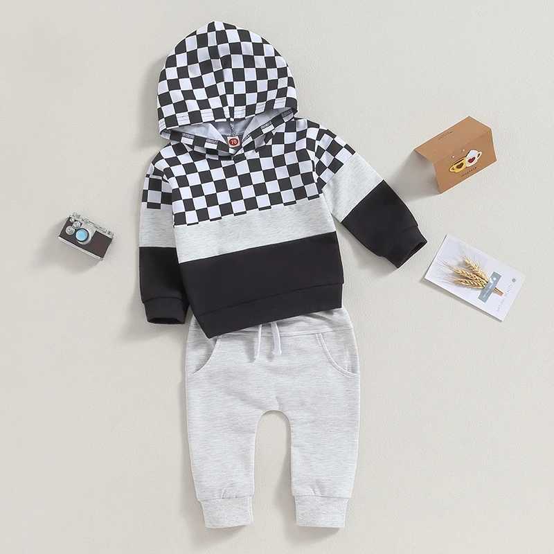Clothing Sets 2023-07-14 Lioraitiin 0-3Y Autumn Baby Boys Clothes Sets Long Sleeve Plaid Patchwork Hoodie Tops with Elastic Waist Pants