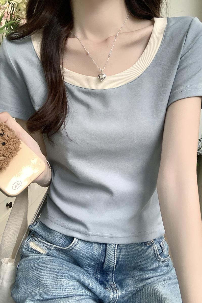 Contrast color U-neck shoulder sleeved T-shirt for women's 2024 summer new commuting Korean style versatile small short top