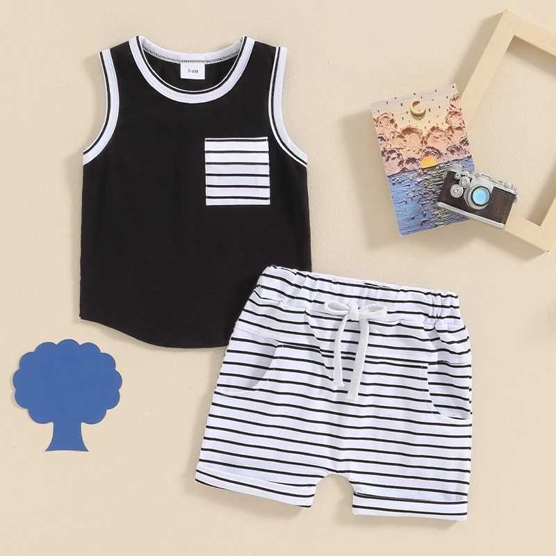 Clothing Sets 2024-03-04 Lioraitiin Toddler Boys Summer Outfits Pocket Sleeveless Tank Tops and Stripe Elastic Waist Shorts Clothes Set