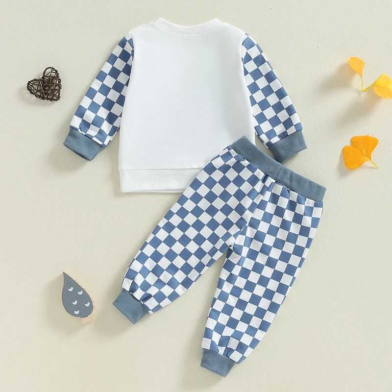 Clothing Sets 2024-05-30 Lioraitiin Boys Autumn 2PCS Outfit Sets Long Sleeve O Neck Letter Checkerboard Print Tops Drstring Pants Sets