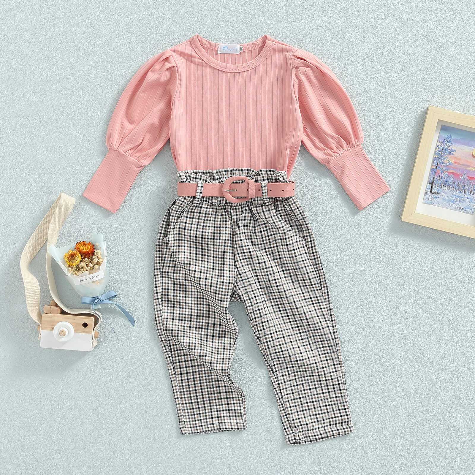 Clothing Sets 2022-06-20 Lioraitiin 0-6Years Toddler Girls 3Pcs Outfits Solid Ribbed Round Neck Long Sleeve Tops Plaid Long Pants + Belt Set
