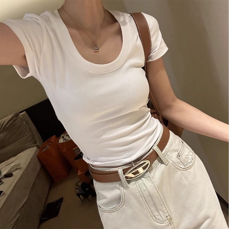 Hot girl U-neck shoulder sleeved for women in summer, desire to slim fit, high waist, slimming and cinching, pure cotton T-shirt short top