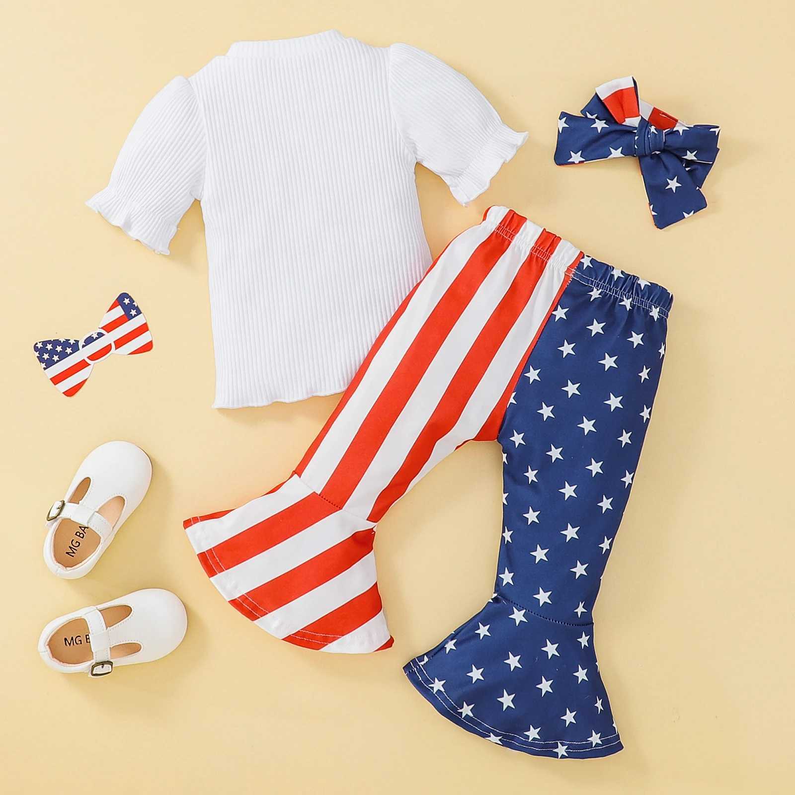 Clothing Sets 2022-03-29 Lioraitiin 0-4Years Toddler Girls 3Pcs Clothes Letter Printed Ribbed Tops Stripe Stars Printed Flare Pants Headband