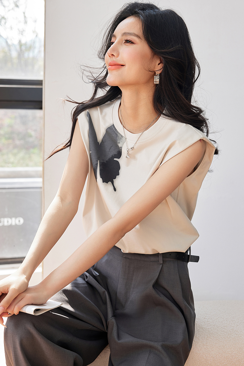 Butterfly silhouette printed pure cotton T-shirt vest women's top 2024 summer new half skirt