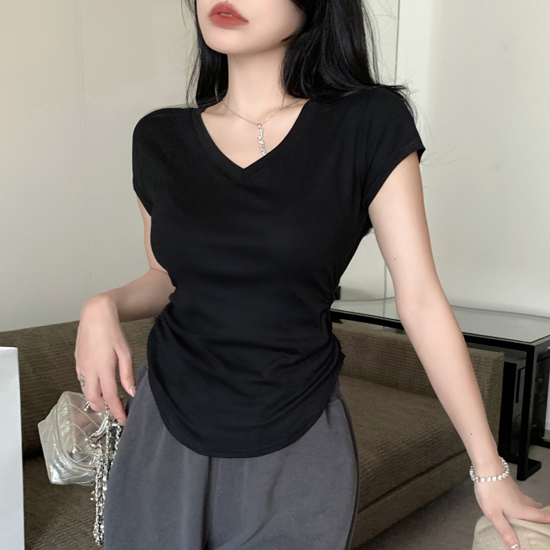 JoyingFeng style Fengshen V-neck sleeved T-shirt for women's summer thin design, pure desire to pair with slim fit short top