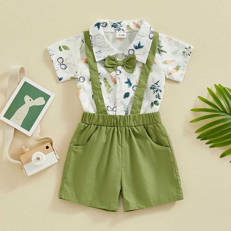Clothing Sets Baby Boy Gentleman Outfit Lapel Neck Short Sleeve Rabbit Print Romper + Suspender Shorts Infant Toddler Easter 2 Piece Set