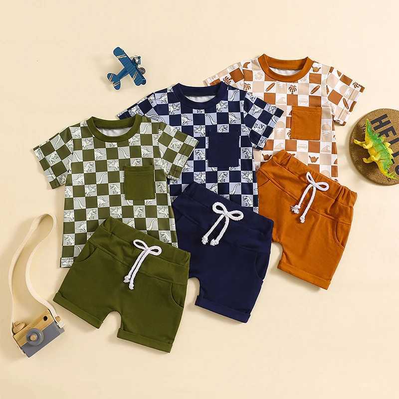 Clothing Sets 2024-02-04 Lioraitiin Toddler Boys Summer Outfits Checkerboard Print Short Sleeve T-Shirts Tops Elastic Waist Shorts Clothes Set