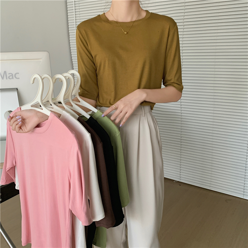 ~2024 Spring T-shirt Women's Round Neck Short 2022 New Thin Modal Medium Sleeve Base Shirt Slim Fit