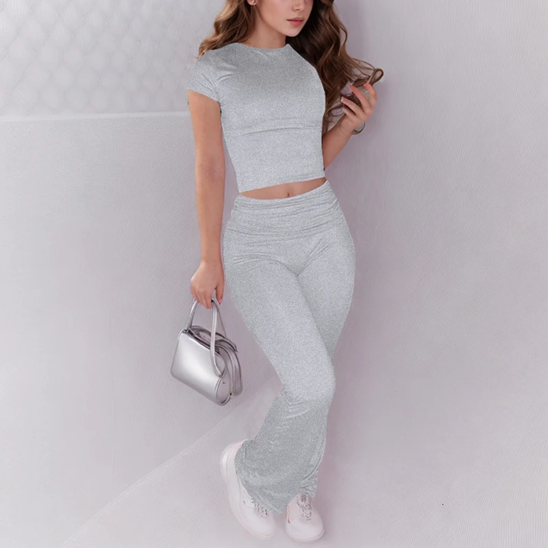 Lounge Sets For Women 2 Piece Short Sleeve Crop Tops Fold Over Flare Pants Casual Going Out Y2K Outfits Tracksuits 240627