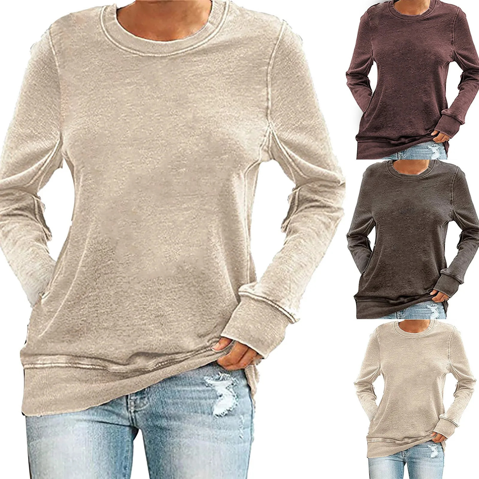 Elegant Long Sleeve Tops Round Neck Solid Color T Shirt For Womens Autumn Oversize Breath Comfty Casual 240712