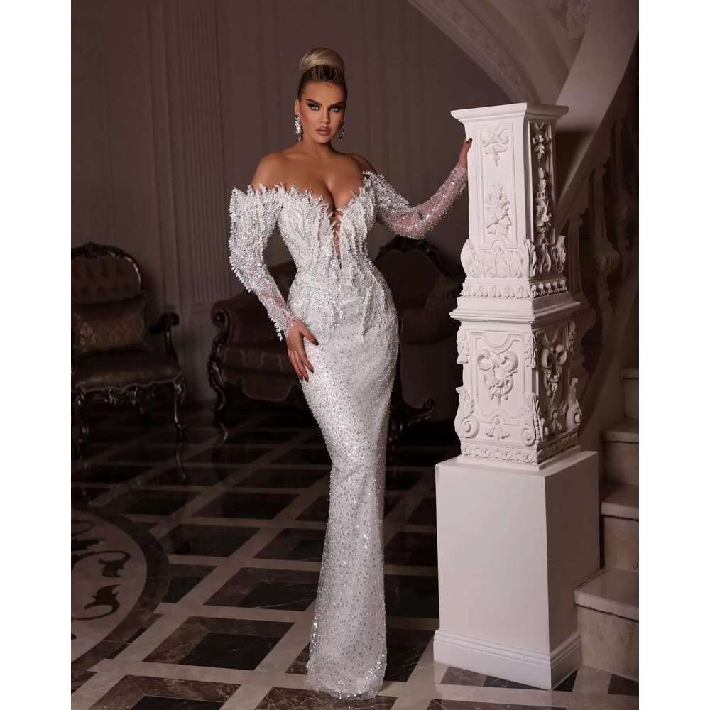 Gorgeous Pearls Mermaid Dresses With Detachable Train Sequined Beaded Bridal Gown special Gowns Vestido De Novia