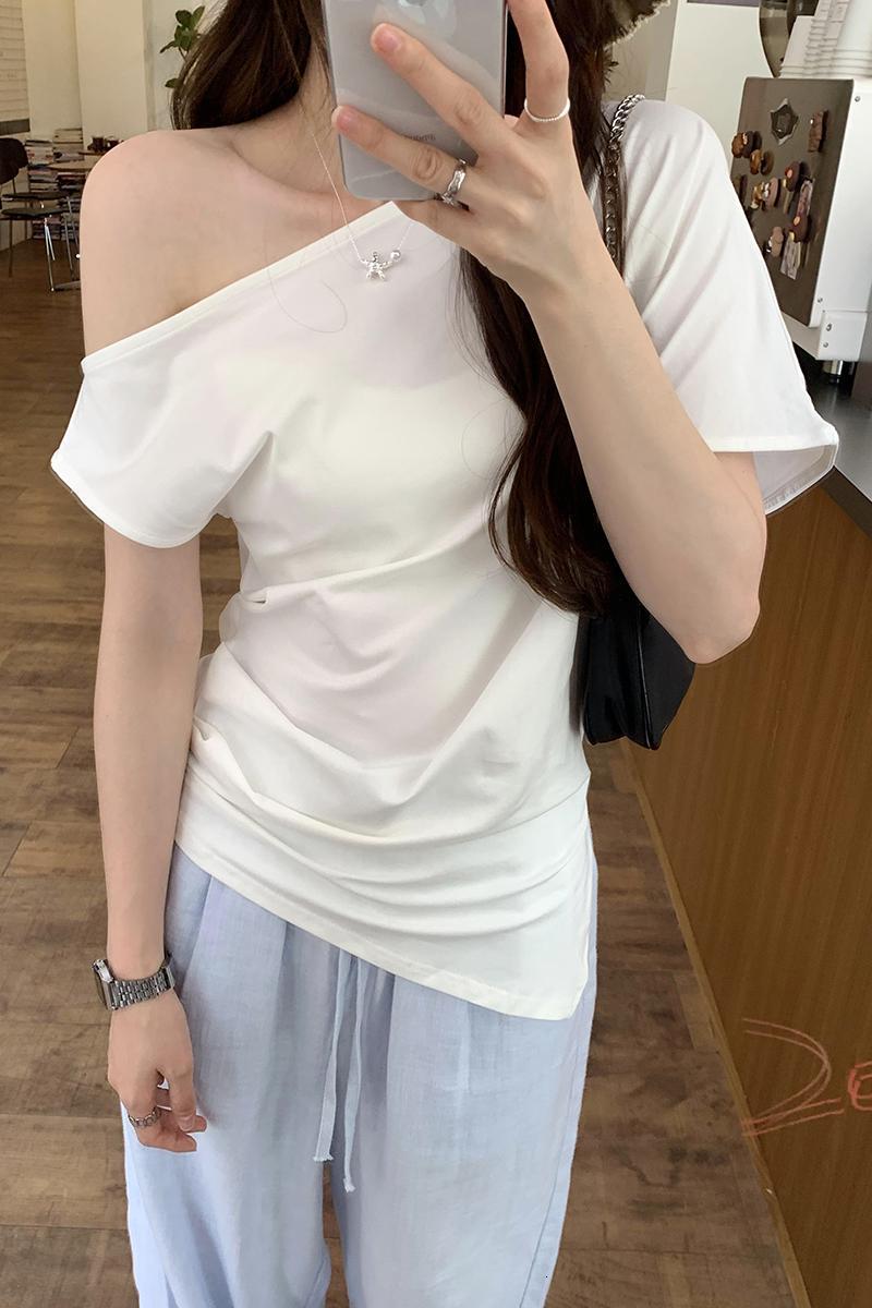Side seam slit irregular off shoulder short sleeved T-shirt for women's summer new niche lazy style, stunning top
