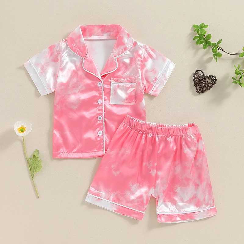 Clothing Sets 2024-04-18 Lioraitiin Kids Girls Summer Pajama Sets Short Sleeve Lapel Tie Dye Print Shirt Shorts Sleepwear Casual Homewear