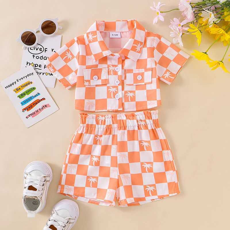 Clothing Sets 2024-05-20 Lioraitiin Kid Girl Boy Summer Outfits Checkerboard Print Short Sleeve Lapel Button Down T-Shirt Elastic Waist Shorts