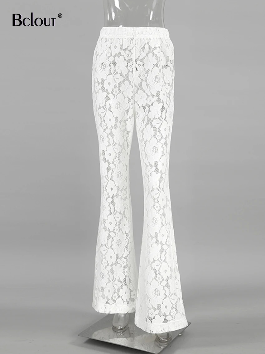 Bclout Elegant White Lace Flare Pants Women 2024 Fashion Thin Solid High Waist Long Trousers Spring Transparent Sexy Party Pants 240715